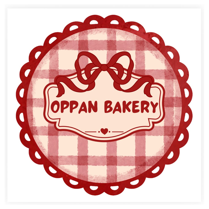 Oppan Bakery — red gingham badge logo with ribbon bow