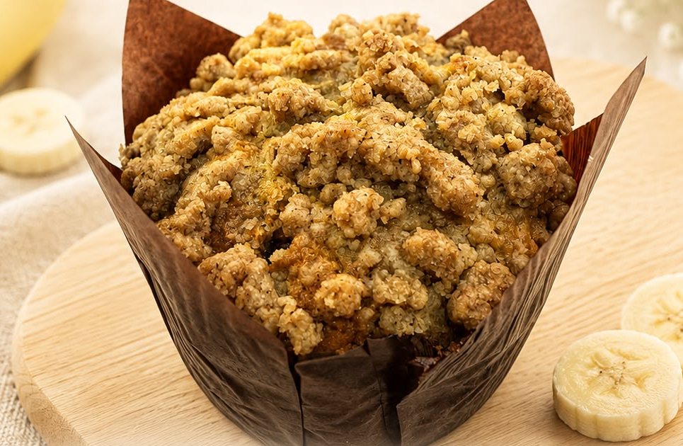 Banana Bliss Muffin — tall muffin with crumble topping, made with ripe bananas