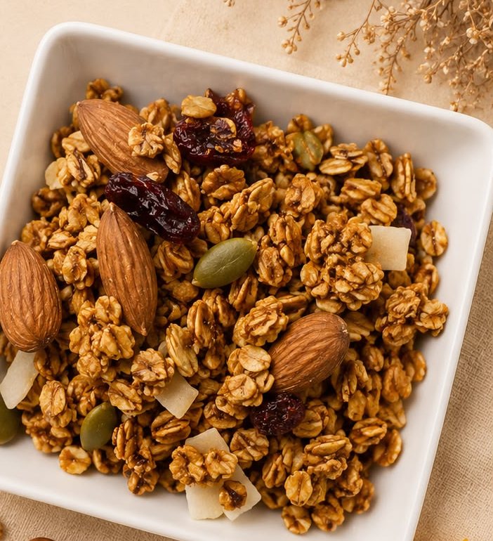 Cranberry Orange Granola — toasted oats with dried cranberries, almonds and seeds in a white dish