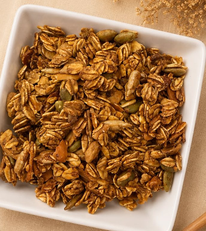 Honey Nut Granola — toasted oats with honey, walnuts and pumpkin seeds in a white dish