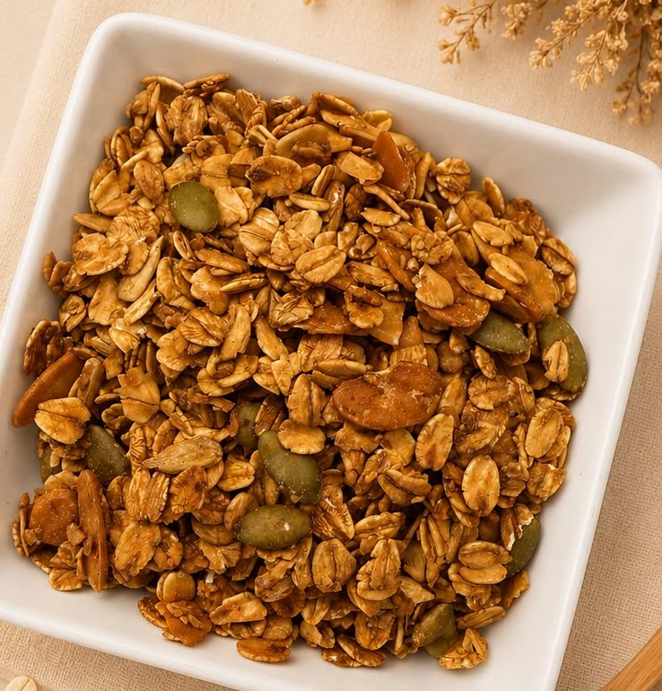 Maple Granola — crunchy toasted oats with almonds and pumpkin seeds in a white dish