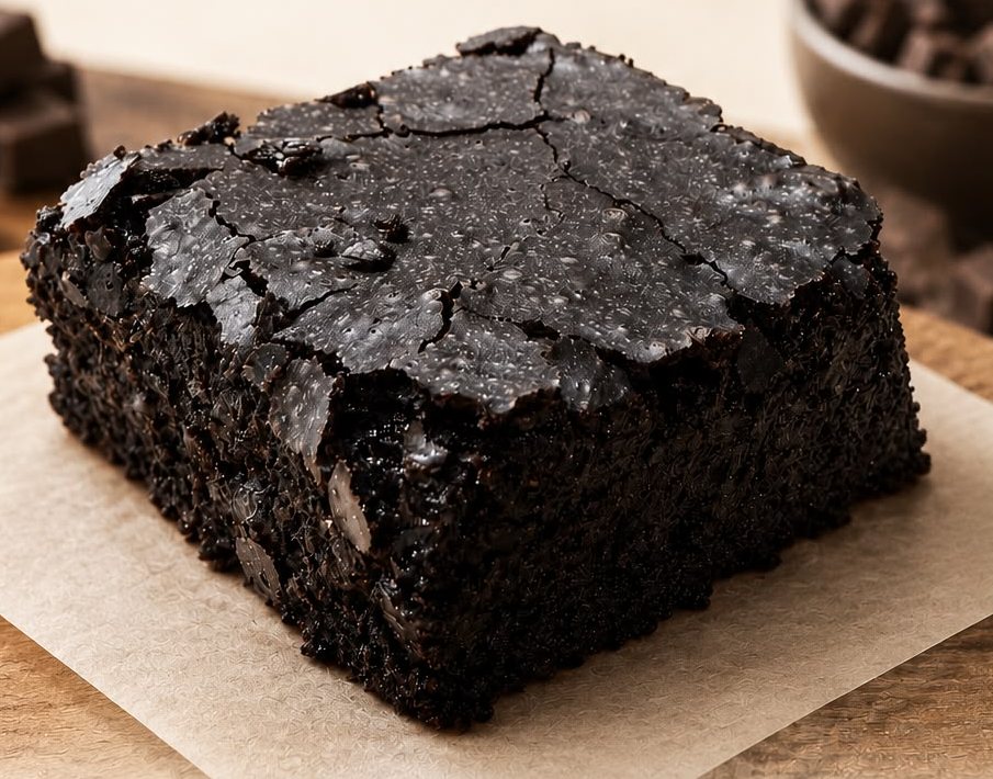 Midnight Brownie — an intensely dark, glossy-topped chocolate brownie square on parchment