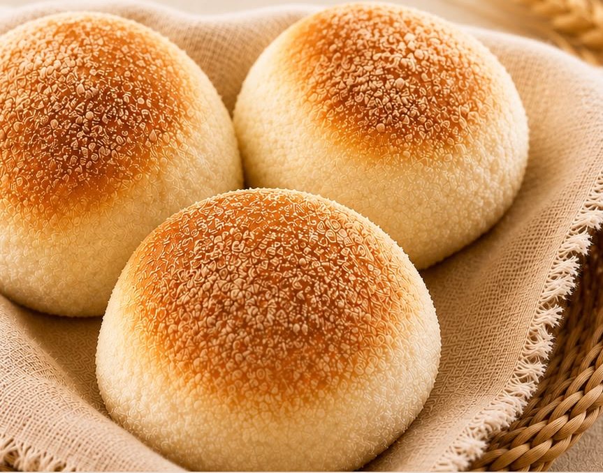 Pandesal — three soft golden-topped Filipino bread rolls in a cloth-lined basket